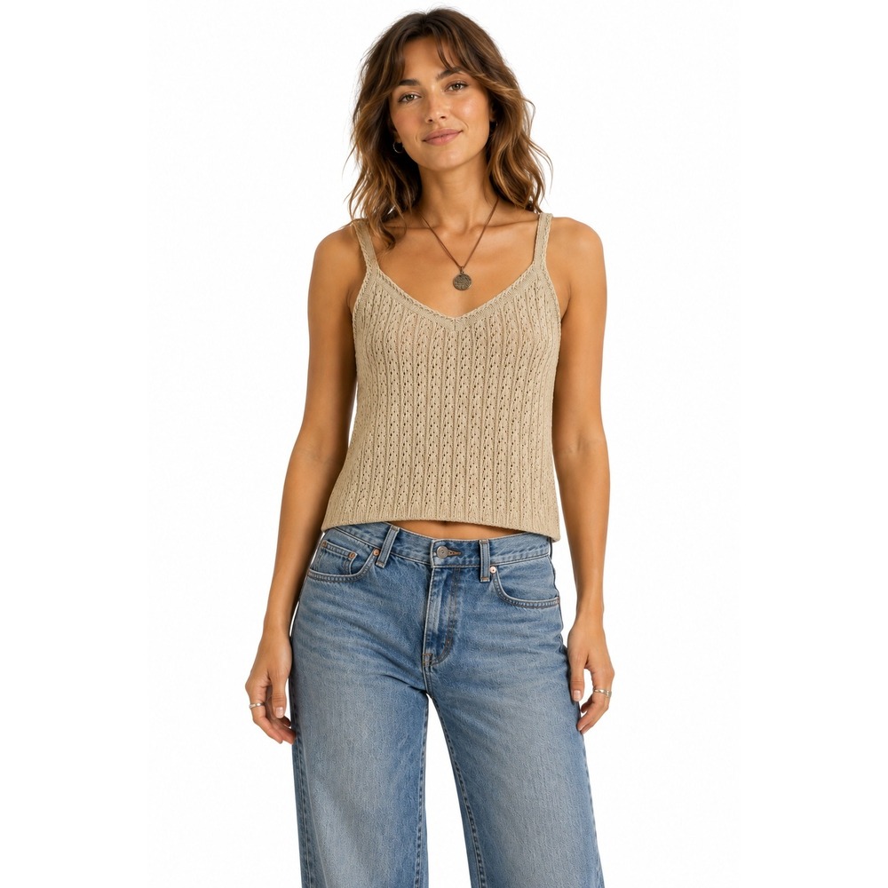 Vintage 90s Ramie Cotton Pointelle Knit Tank Large Beige Y2K Boho‎ Indie